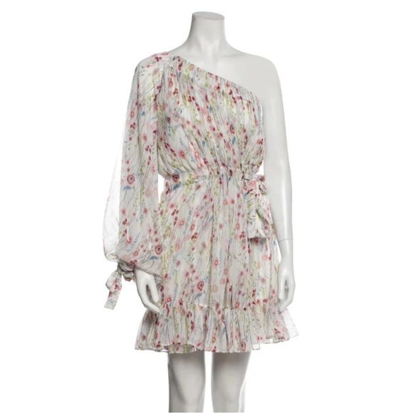 Alexis Dresses & Skirts - Alexis One Shoulder Floral Pleated Mini Dress Cream White XS Asymmetrical Ruffle